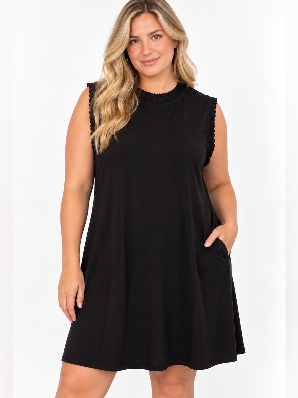 Nicole Miller Black Sleeveless Shift Dress with Ruffle Trim